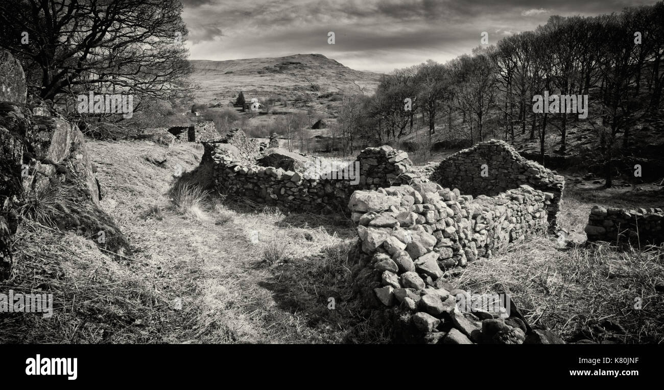 This panorama was taken between Hollin House Tongue and High Tongue in the Duddon Valley.  I have searched everywhere for details of the ruins since f Stock Photo