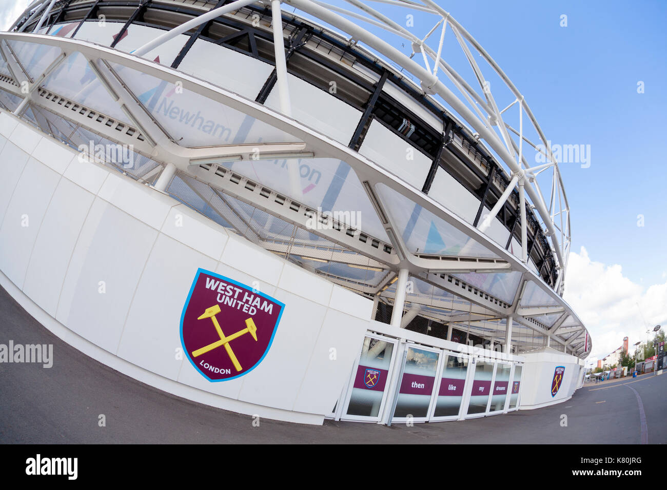 The London Stadium at the Queen Elizabeth Olympic Park branded as the home of West Ham United Football Club, London, UK. Fisheye lens. Stock Photo