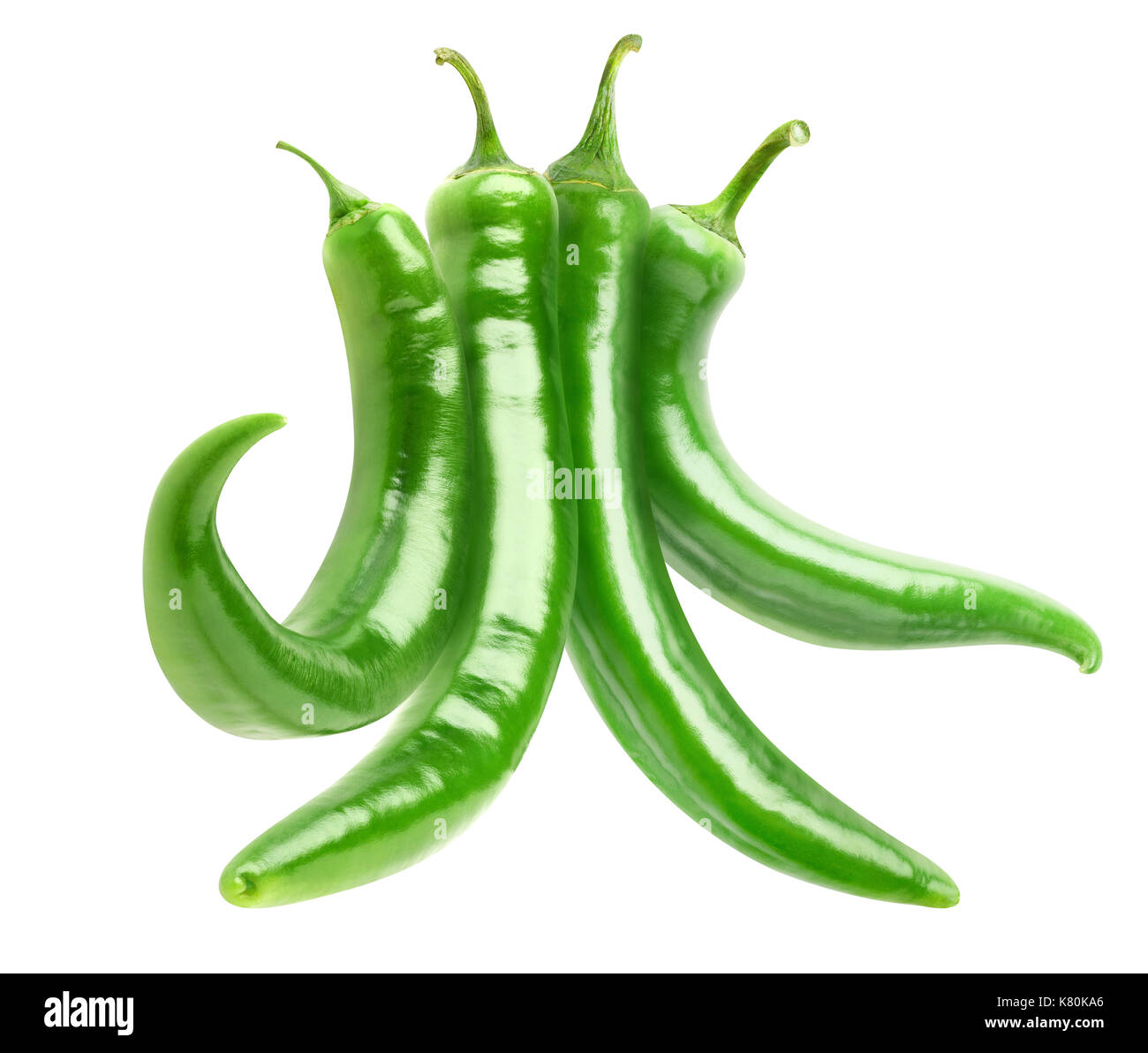 Isolated peppers. Bundle of hot green peppers isolated on white background with clipping path Stock Photo