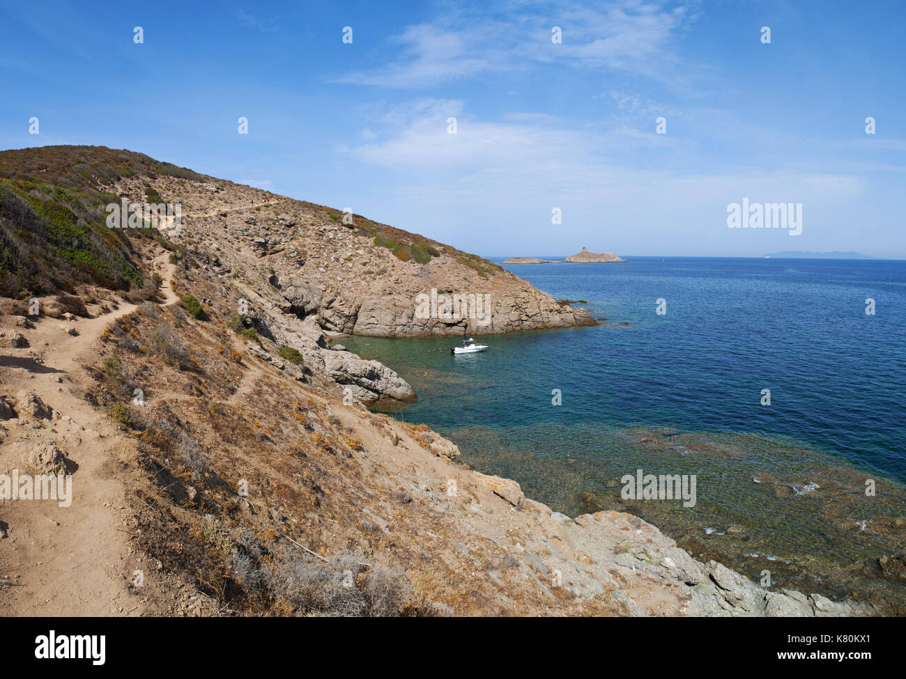 Corsica: Mediterranean Sea and Mediterranean maquis on the Sentier des Douaniers (Custom Officers Route), coastal path in the Cap Corse Stock Photo