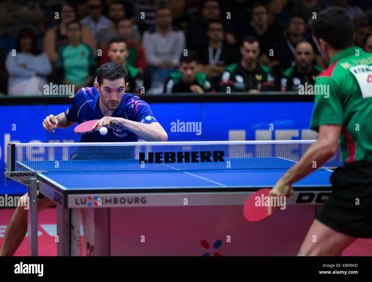 Lebesson Emmanuel of France (L) in action against Freitas Marcos of  Portugal during the men's team semi-final between France and Portugal  during the ITTF European Team Table Tennis Championships 2017 in Luxembourg,