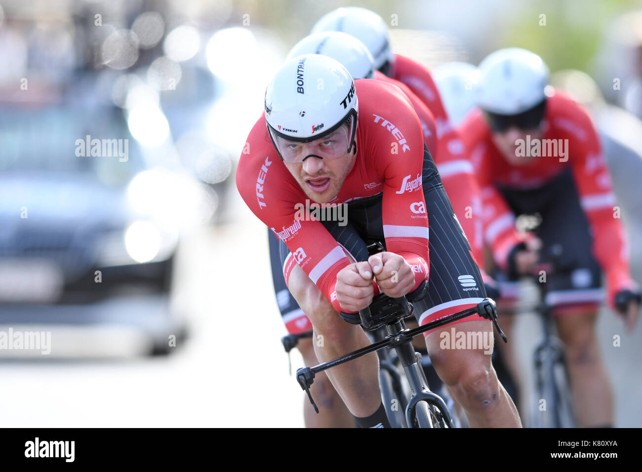 Only an 12th. place at the Team Time Trial event in Bergen Norway on the opening day of the Cycling Road World Championship for the Trek-Segafredo team. Here Matthias Brandle pulls in front 24km into the race. Stock Photo