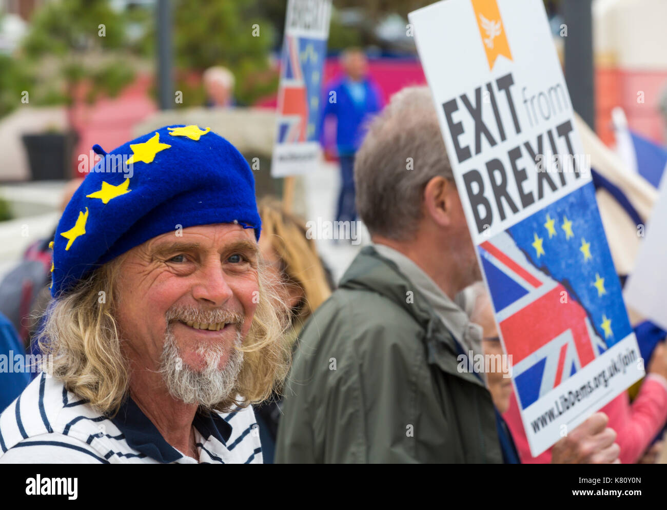 Bournemouth, Dorset, UK. 17th Sep, 2017. Stop Brexit Demonstration takes place to coincide with the Liberal Democrats Conference in Bournemouth. Mature man wearing EU beret next to Exit from Brexit placard. Credit: Carolyn Jenkins/Alamy Live News Stock Photo