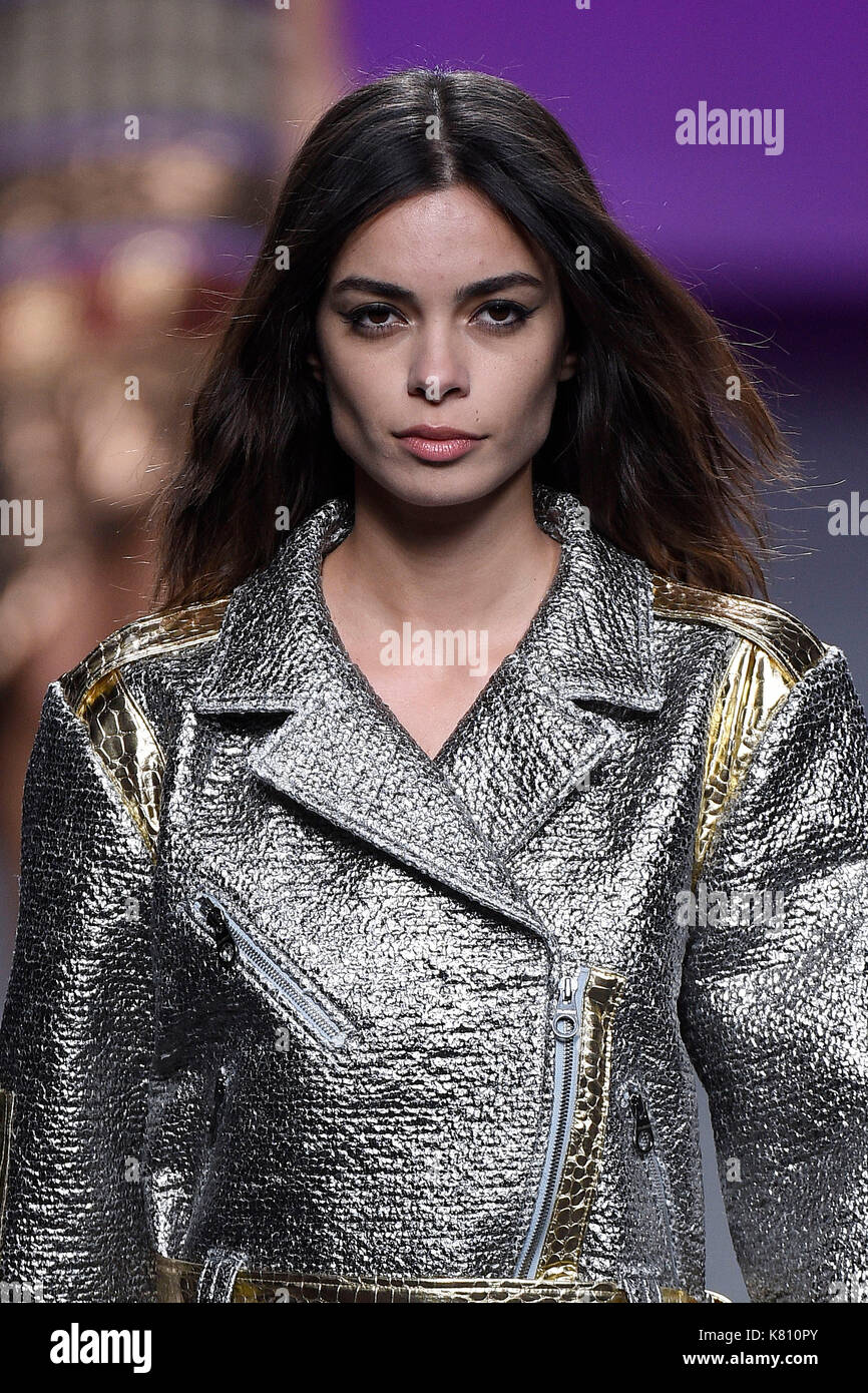 Model Joana Sanz wears at collection runway a creation from ' Custo Barcelona ' during Pasarela Cibeles Mercedes Benz Fashion Week Madrid 2017, in Madrid, on Sunday 17th September, 2017. Stock Photo