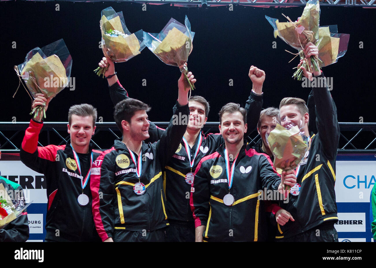Luxemburg, Luxembourg. 17th Sep, 2017. The German men's table tennis team  celebrate after their victory against Portugal at the ITTF European Table  Tennis Championships in Luxembourg, 17 September 2017. Photo: Vio  Dudau/dpa/Alamy