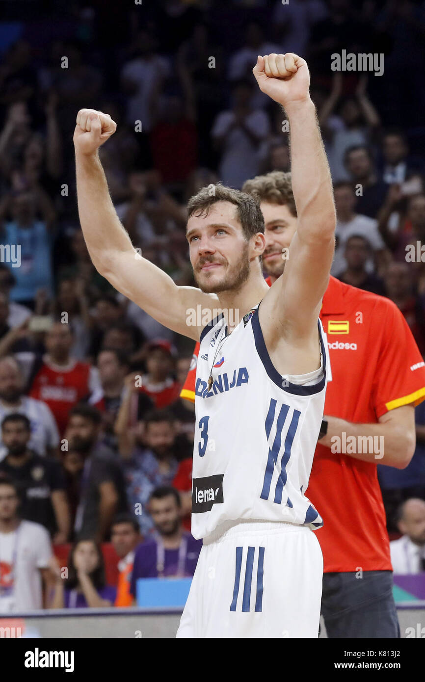 Slovenian Goran Dragic Front Celebrates After Being Chosen As The Mvp Most Valuable Player Of The Championship After The Final Of The Eurobasket 2017 Played Between Slovenia And Serbia At Sinan Erdem