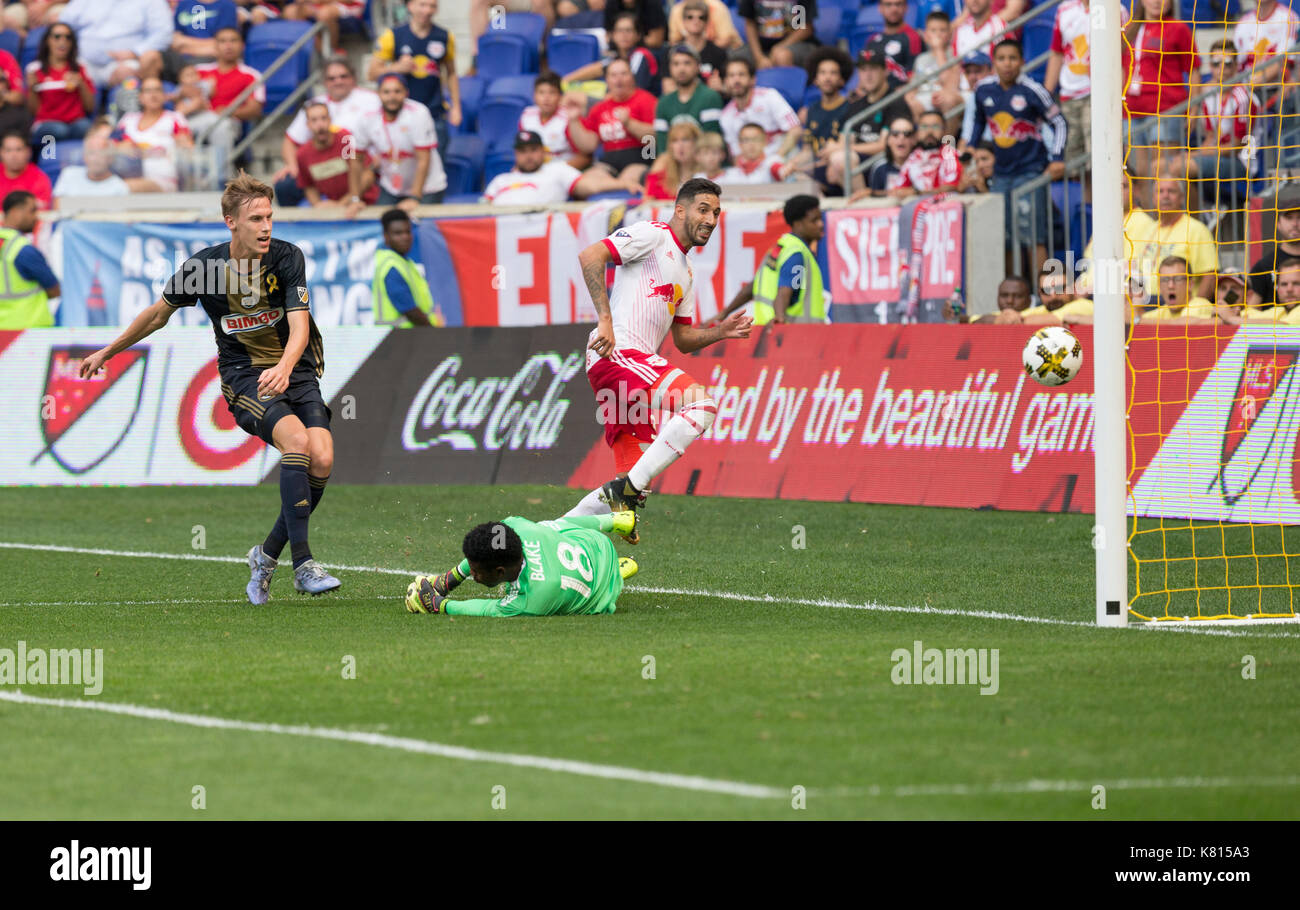 Harrison, NJ USA - September 17, 2017: Goalkeeper Andre Blake (18) of Philadelphia Union saves during MLS regular game against New York Red Bulls on Red Bull Arena Match ended in goalless draw Stock Photo