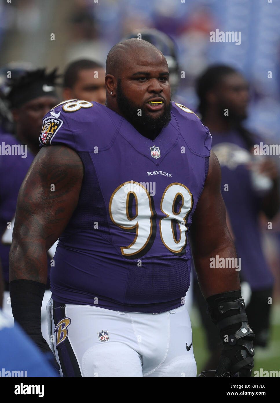 Baltimore Ravens DT Brandon Williams (98) walks off of the field prior to  the start of a game against the Cleveland Browns at M&T Bank Stadium in  Baltimore, MD on September 17,