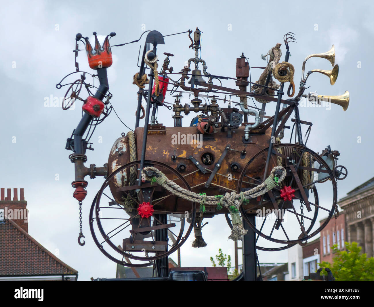 The Stockton Flyer automaton sculpture based on Stephensons Locomotion designed by Rob Higgs has bells whistles and blows steam Stock Photo