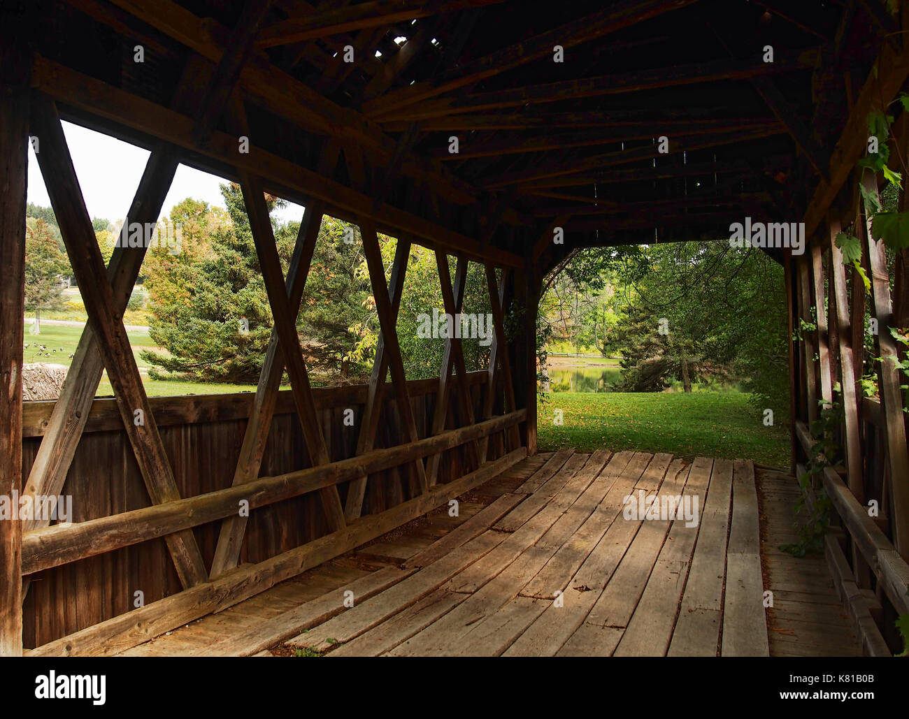 Hamilton, New York, USA. September 17, 2017.Inside a covered bridge at  the Americana Villlage, a copy of a nineteenth century village, on the western Stock Photo