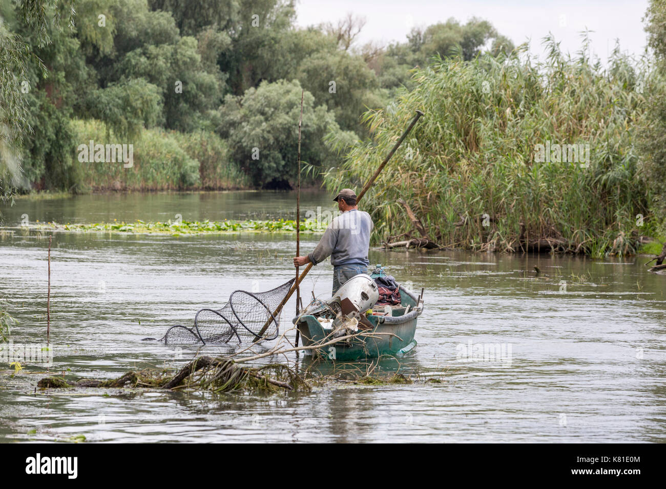 danube river fishing nets Fisherman in the Danube Delta, Romania, laying his net from a boat Stock  Photo
