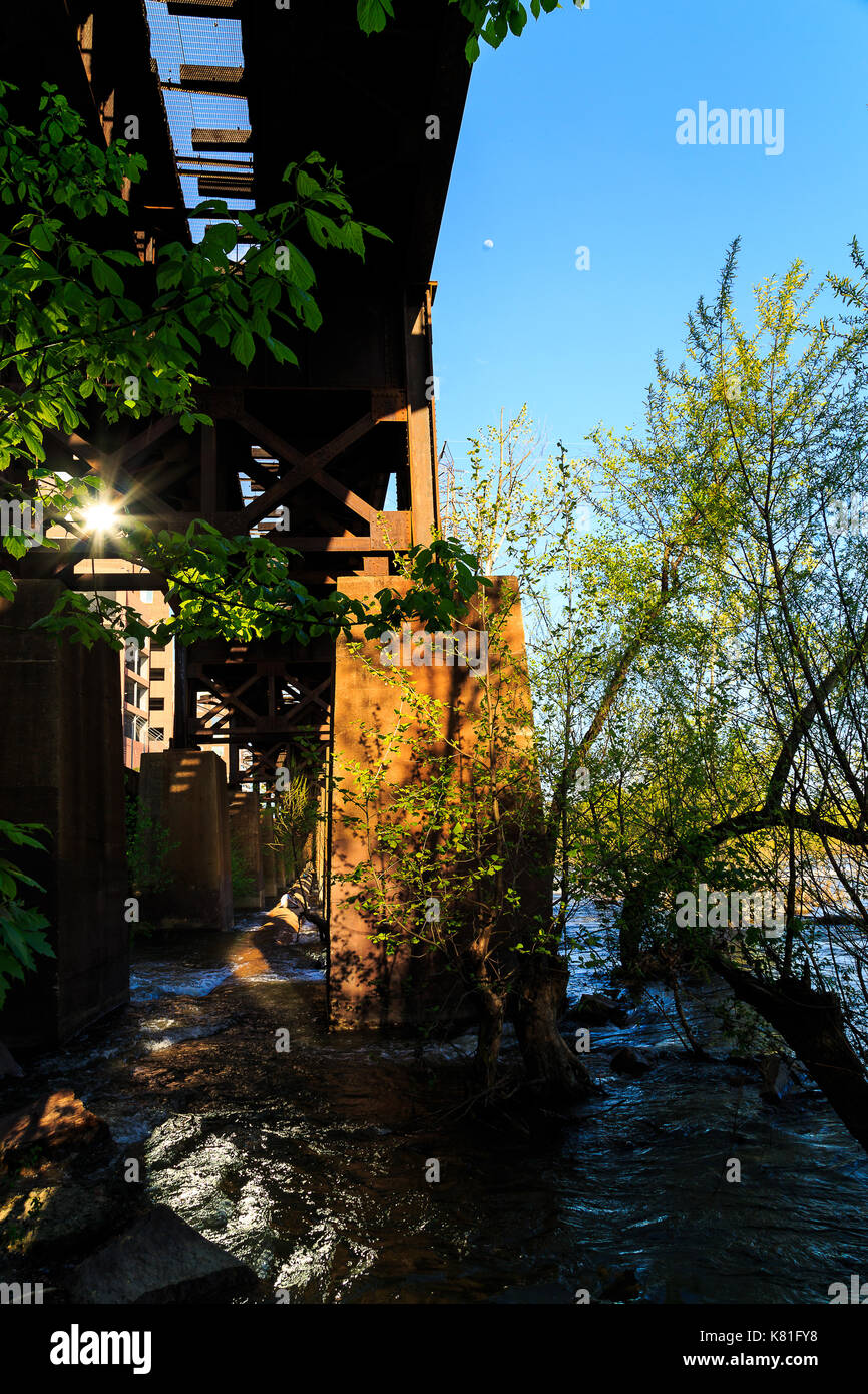 Bridges, pipe line, river views, historic structures near the James River on the Richmond side near Brown Island. People doing activities kayaking, zi Stock Photo