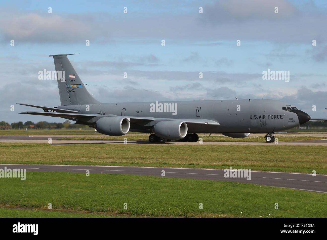 Deployed Air Force Reserve tanker from Tinker AFB taxiing for departure at RAF Mildenhall for a local refuelling flight. Stock Photo