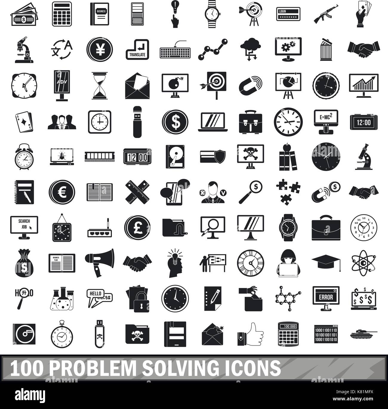 100 problem solving icons set, simple style  Stock Vector