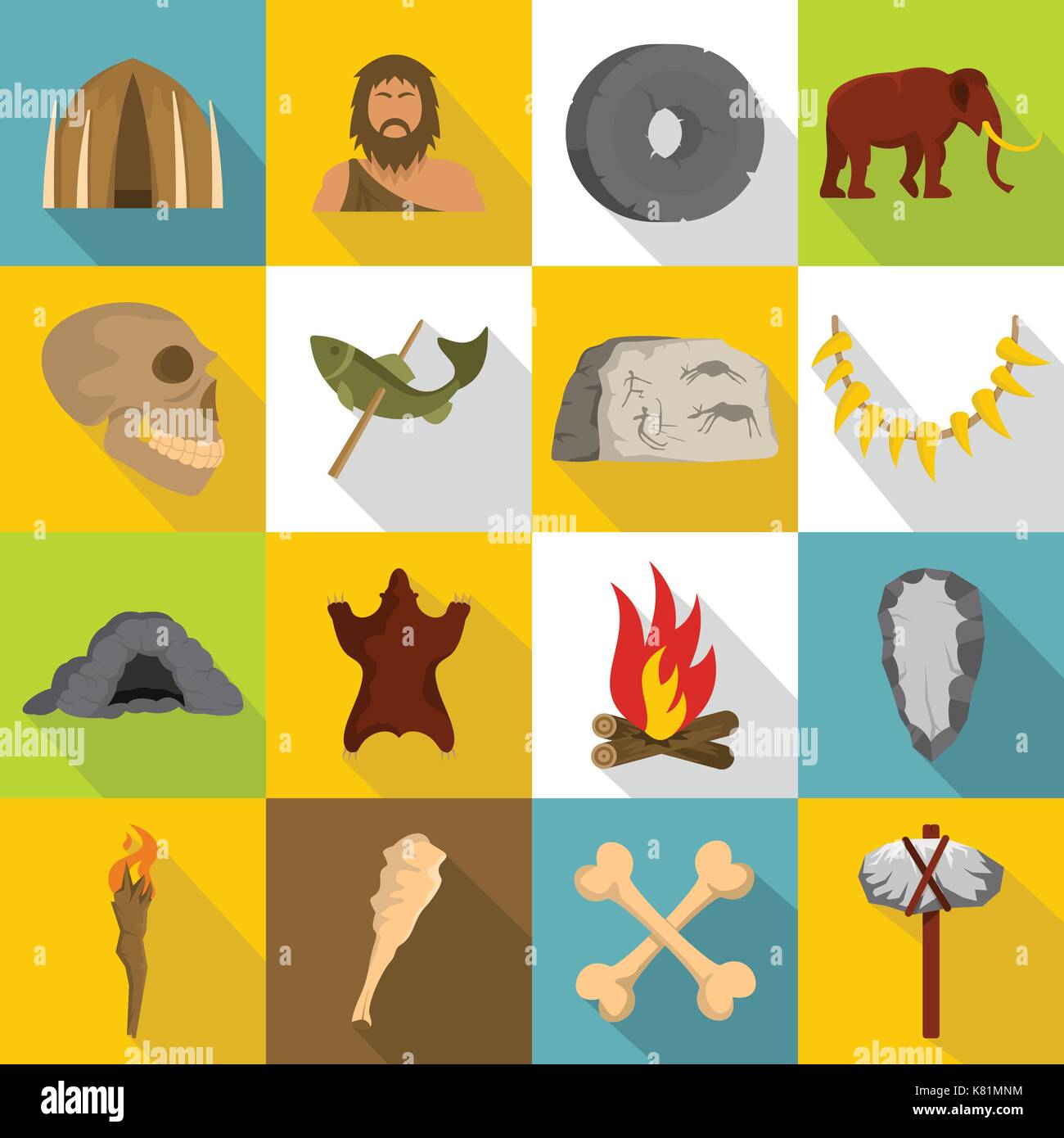 Caveman icons set, flat style Stock Vector