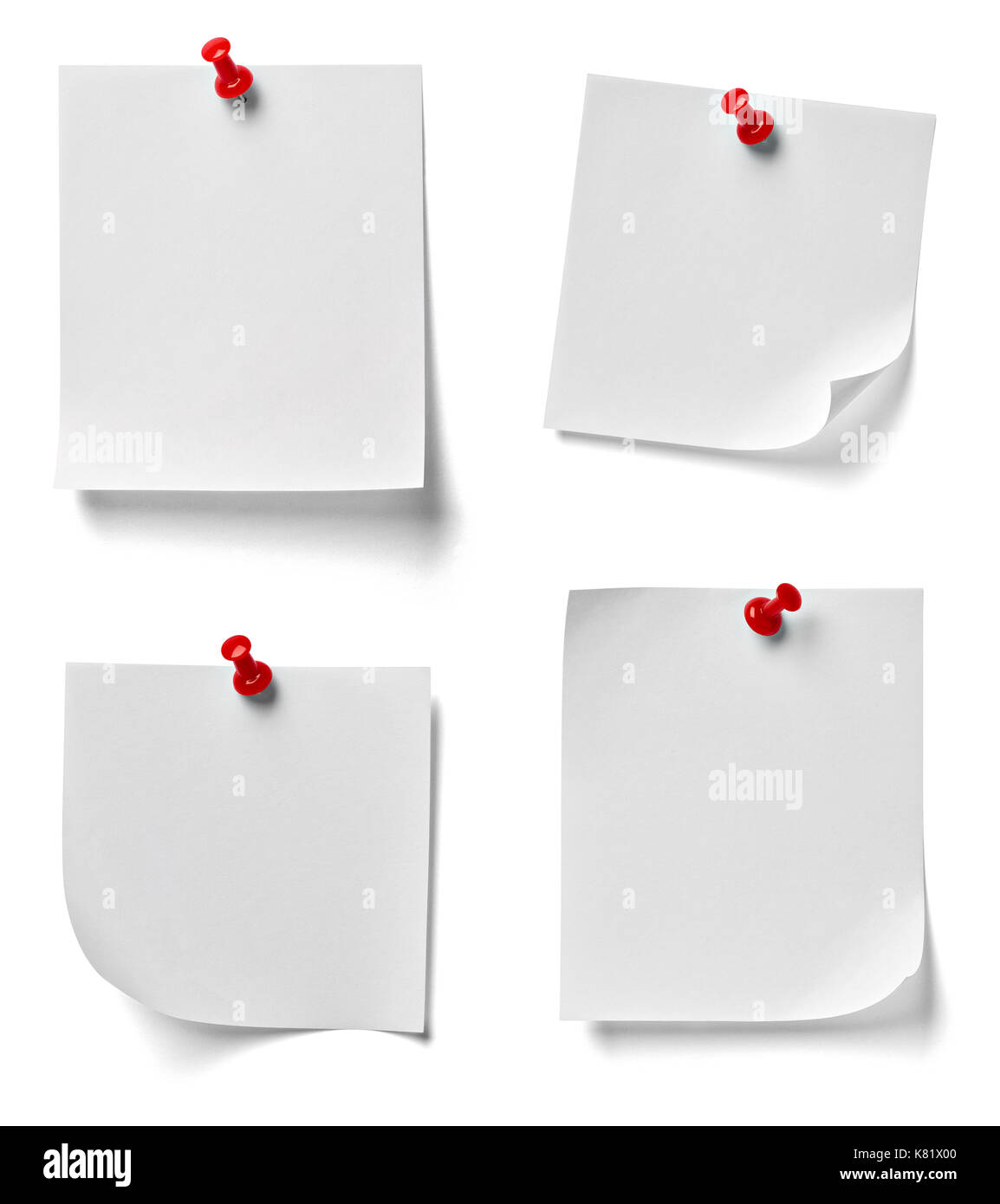 collection of various note paper with a red push pin on white background. each one is shot separately Stock Photo