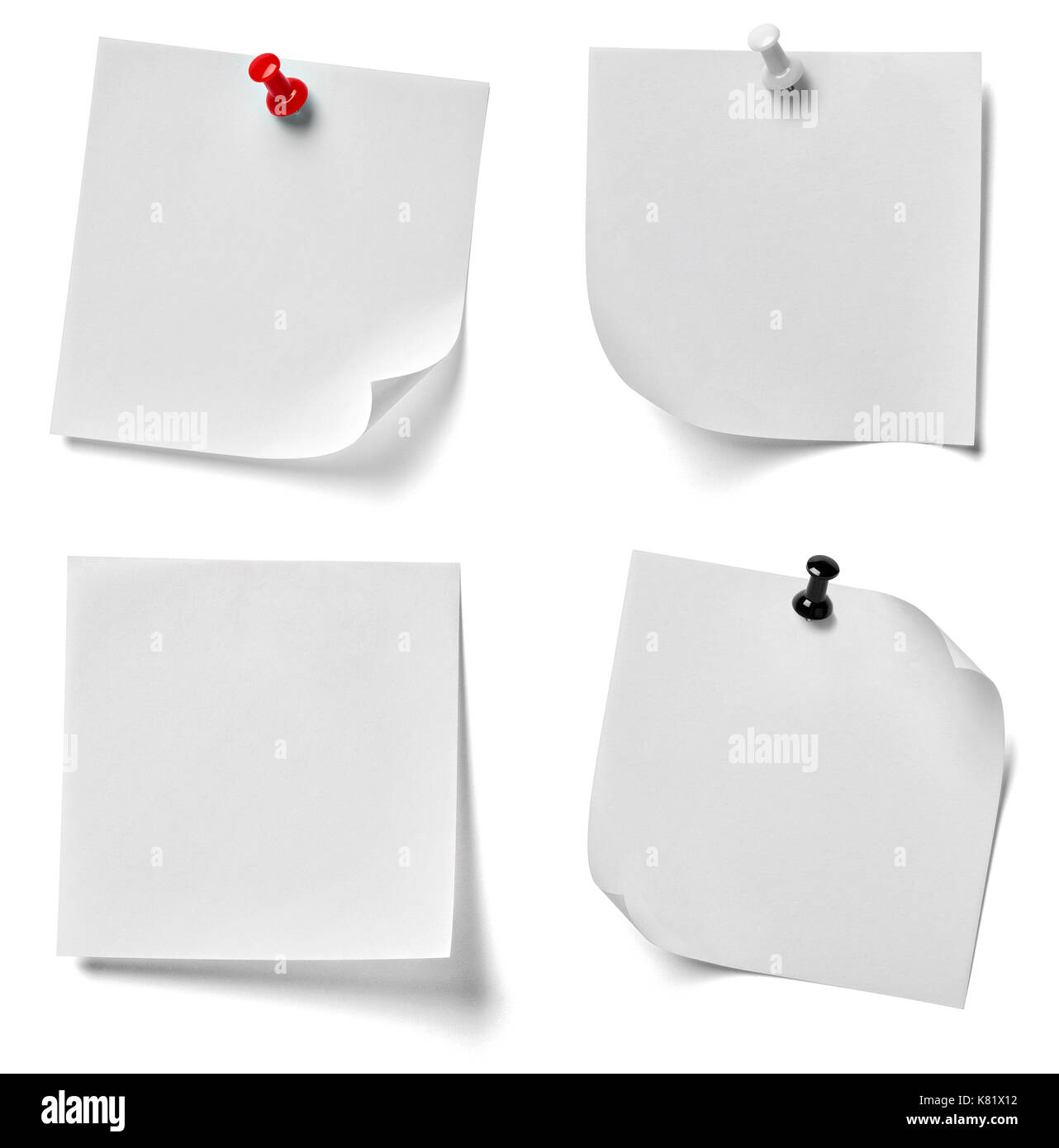 collection of various note paper with a red push pin on white ...