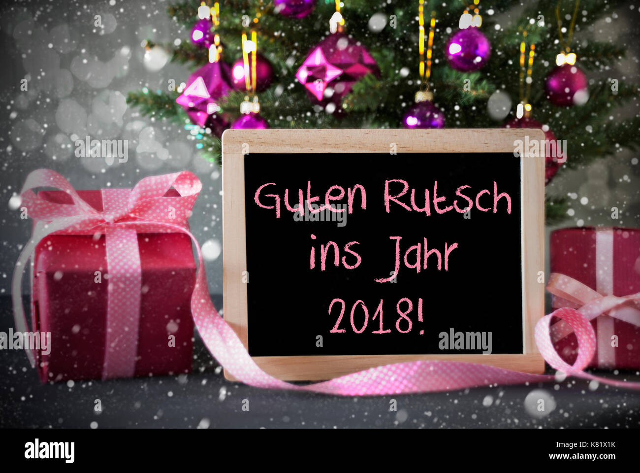 Tree, Gifts, Snowflakes, Bokeh, Guten Rutsch 2018 Means New Year Stock Photo