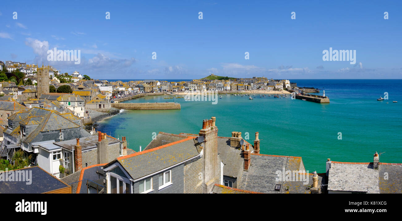 Panoramic view over the harbour, St Ives, Cornwall, England, Great Britain Stock Photo