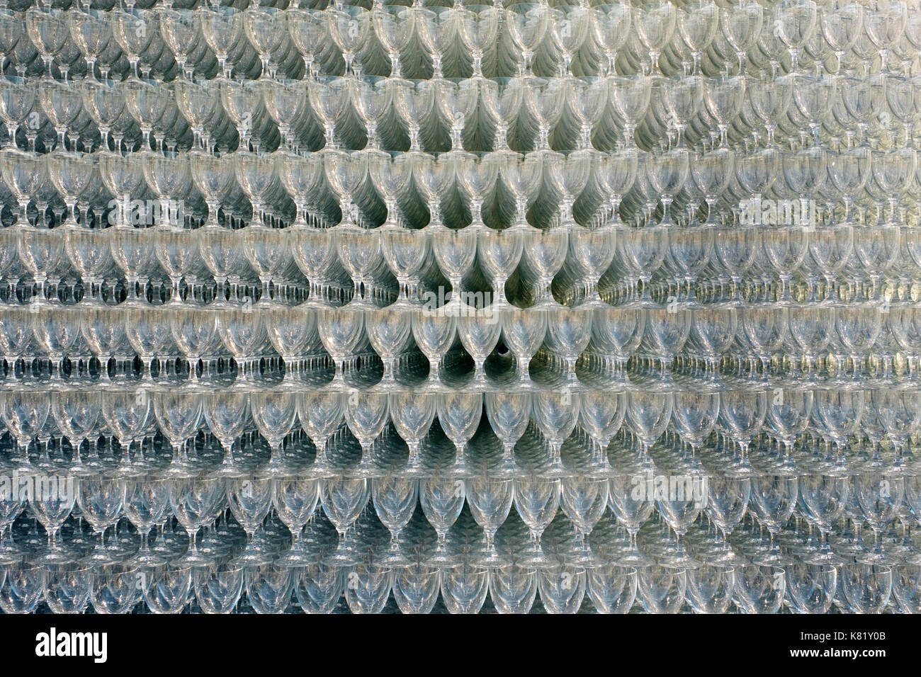 Glass goblets, detail of the crystal glass pyramid by Zwiesel Kristallglas AG, Zwiesel, Bayerischer Wald, Lower Bavaria, Bavaria Stock Photo