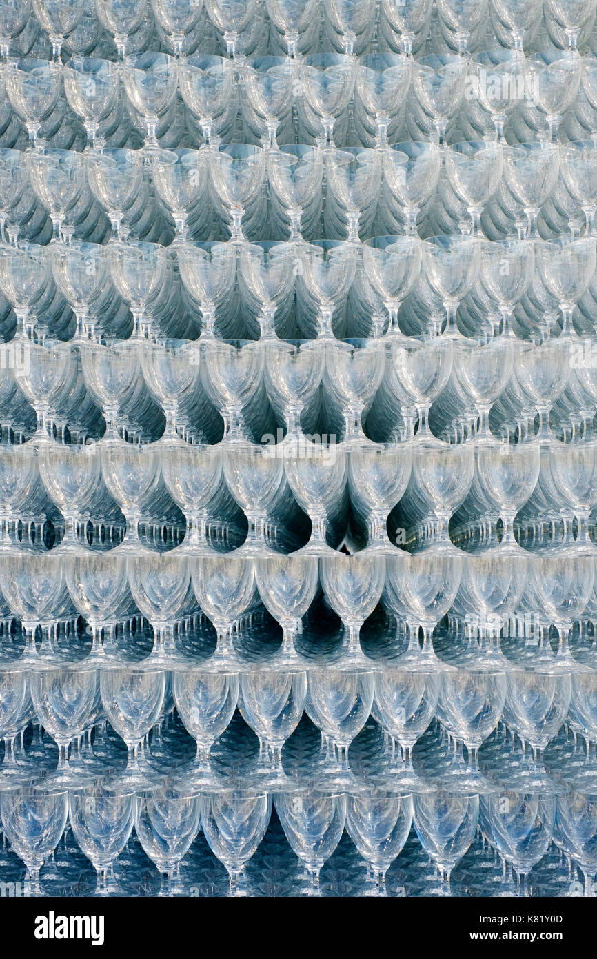Glass goblets, detail of the crystal glass pyramid by Zwiesel Kristallglas AG, Zwiesel, Bayerischer Wald, Lower Bavaria, Bavaria Stock Photo