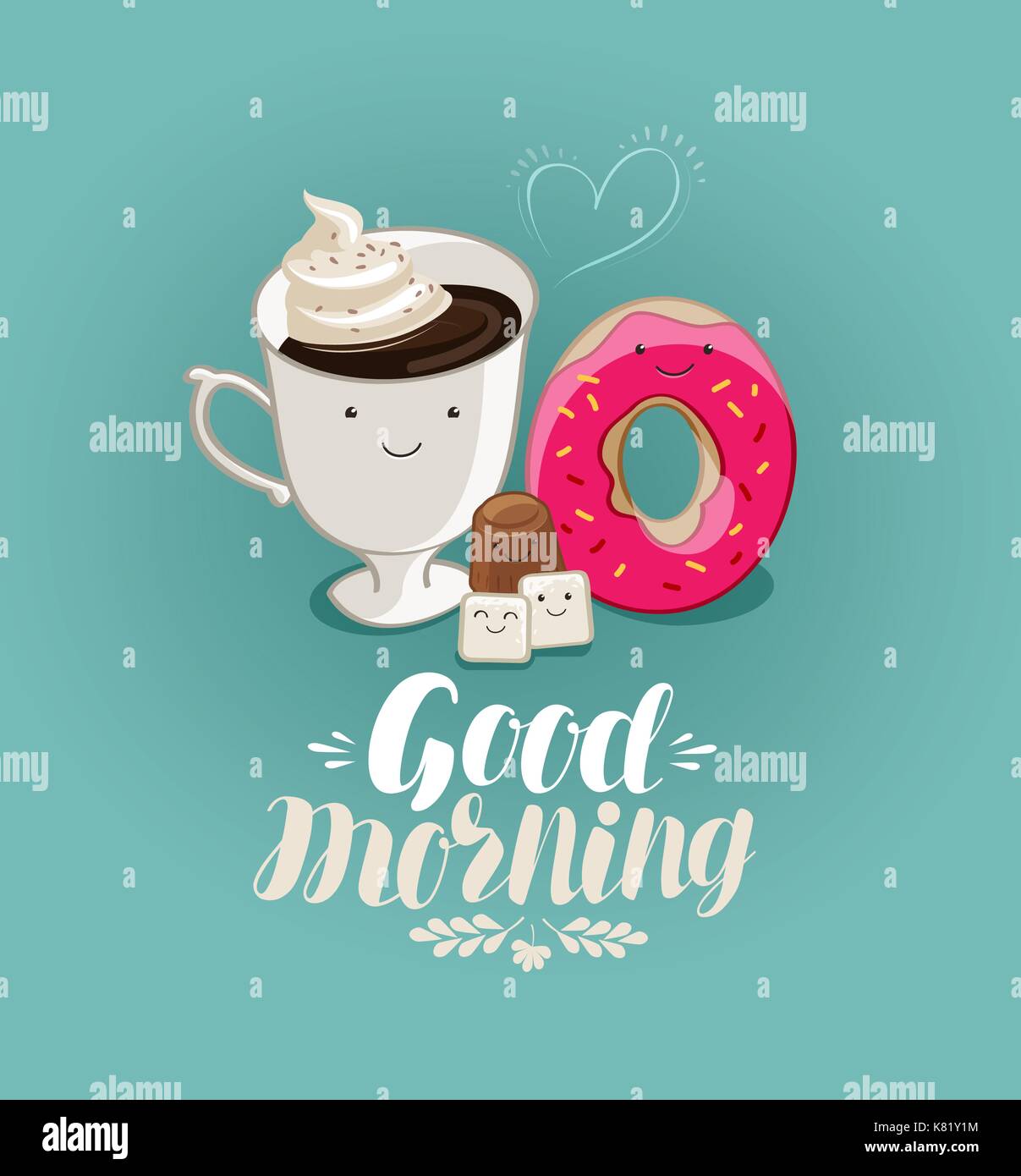 Good morning, banner. Hot drink, coffee cup, dessert cartoon. Illustration for design menu restaurant or cafe Stock Vector