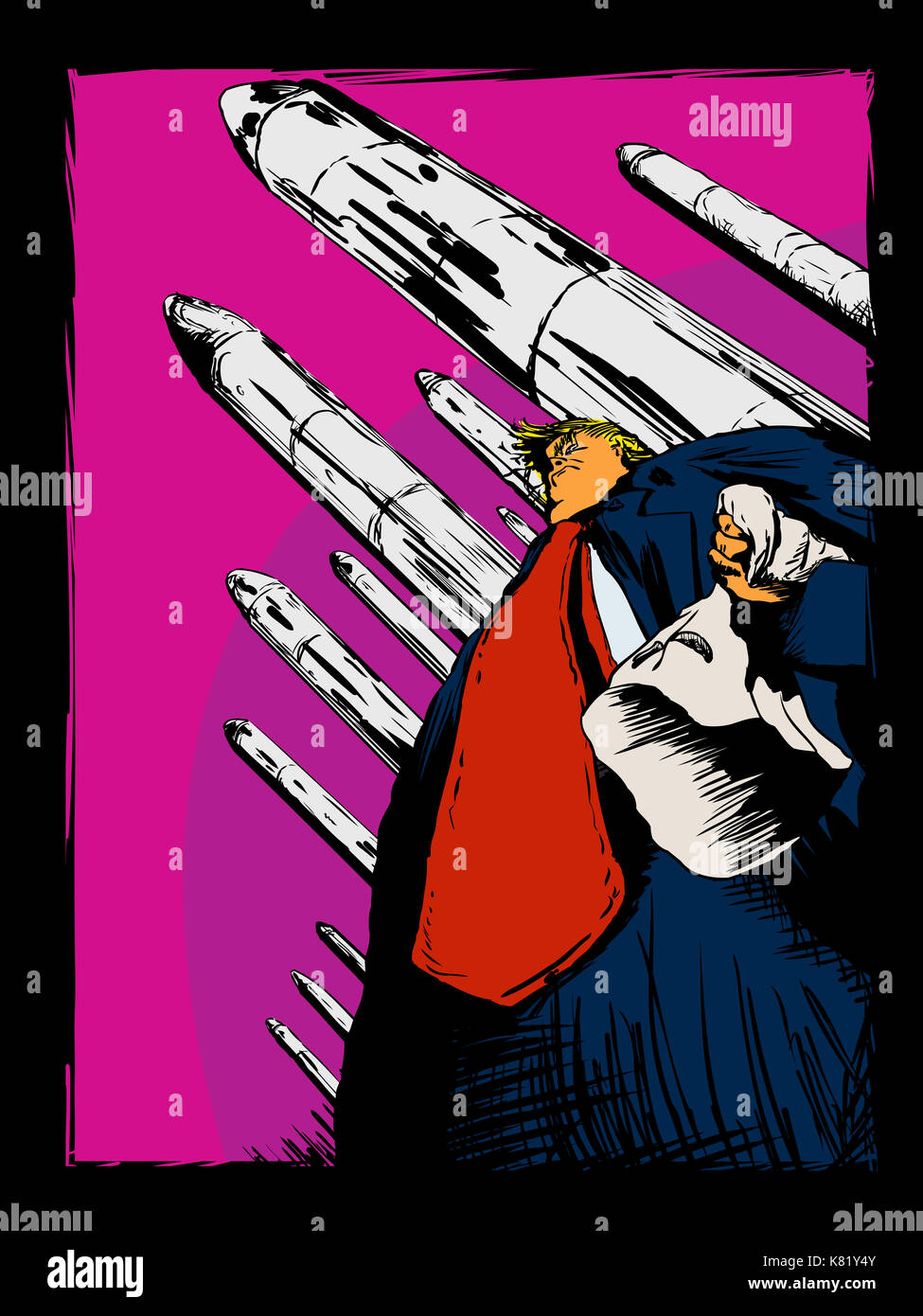 September 18, 2017. Editorial caricature of Donald Trump holding a KKK hood with nuclear missiles behind him Stock Photo
