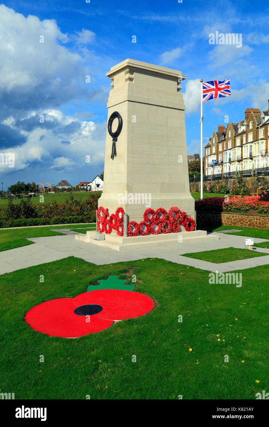 War Memorial, memorials, wreaths, poppies, Union Jack Flag, Esplanade Gardens, Hunstanton, Norfolk, England, UK Stock Photo