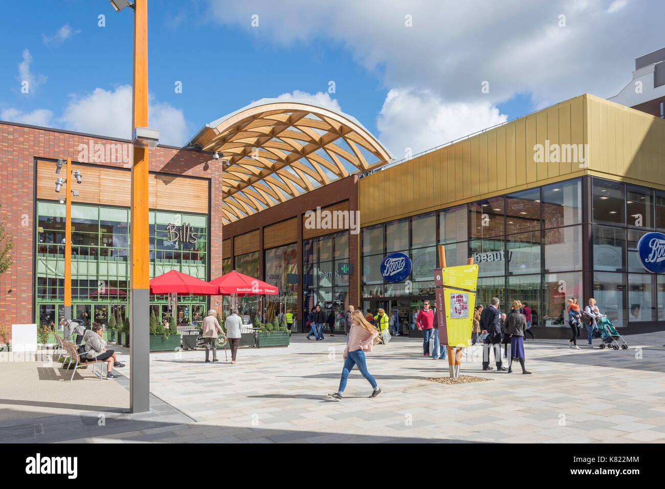 Braccan Walk shopping street from Union Square, The Lexicon, Bracknell, Berkshire, England, United Kingdom Stock Photo
