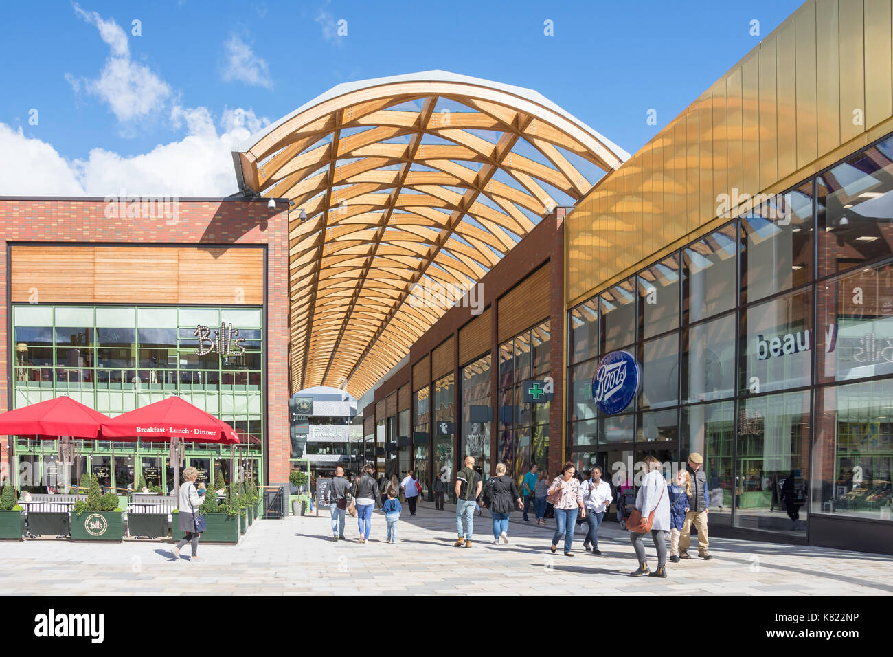 Braccan Walk shopping street from Union Square, The Lexicon, Bracknell, Berkshire, England, United Kingdom Stock Photo