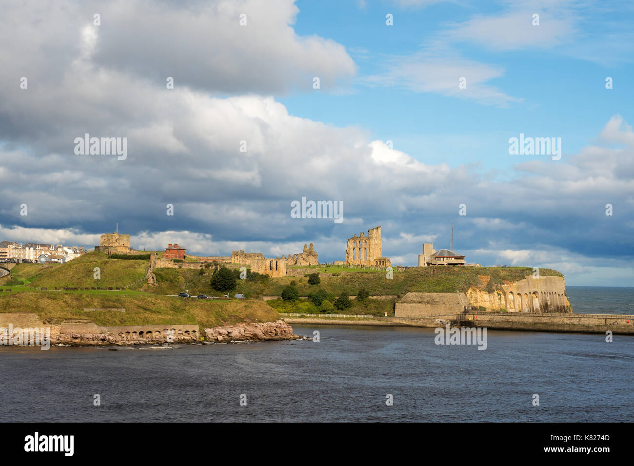 Tynemouth priory and castle seen from the Tyne estuary, north east England, UK Stock Photo