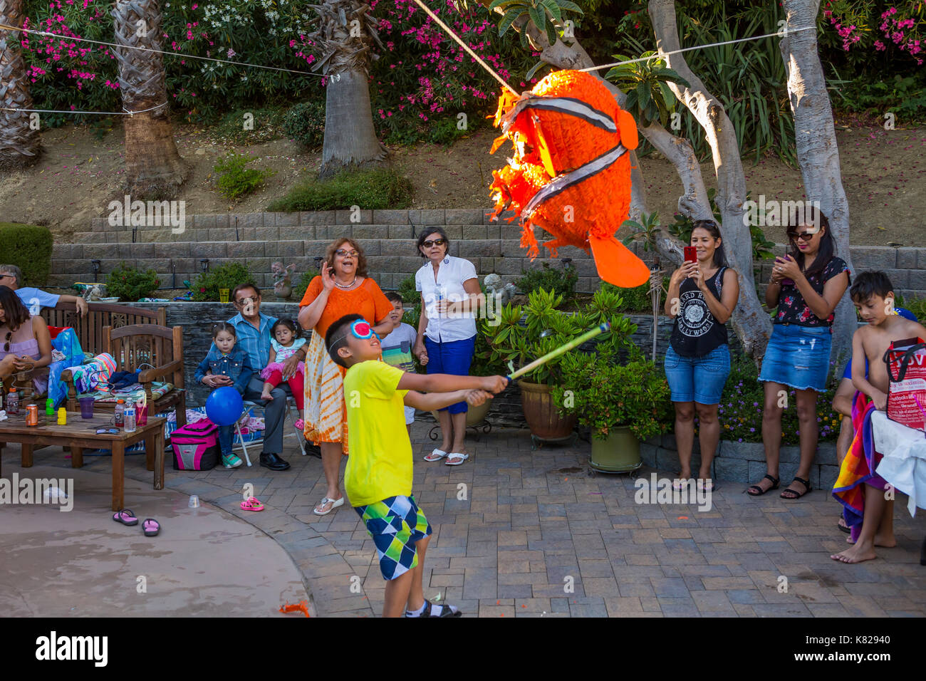 Hispanic boy, hitting a pinata, pinata filled with candy sweets and toys, birthday party, Castro Valley, Alameda County, California, United States Stock Photo