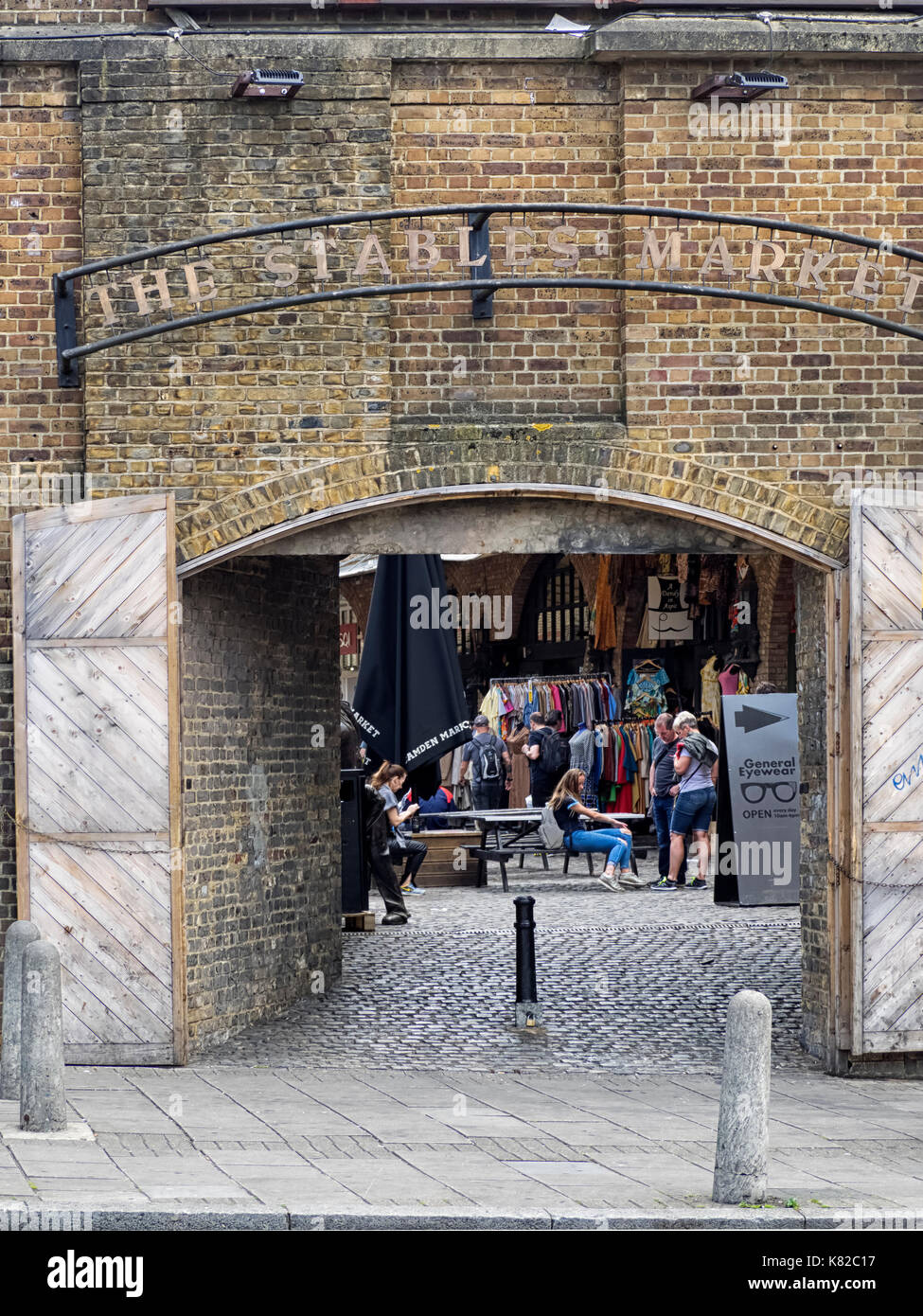 LONDON, UK - AUGUST 12, 2017:  Arched entrance to the Stables market with sign at Camden Stock Photo