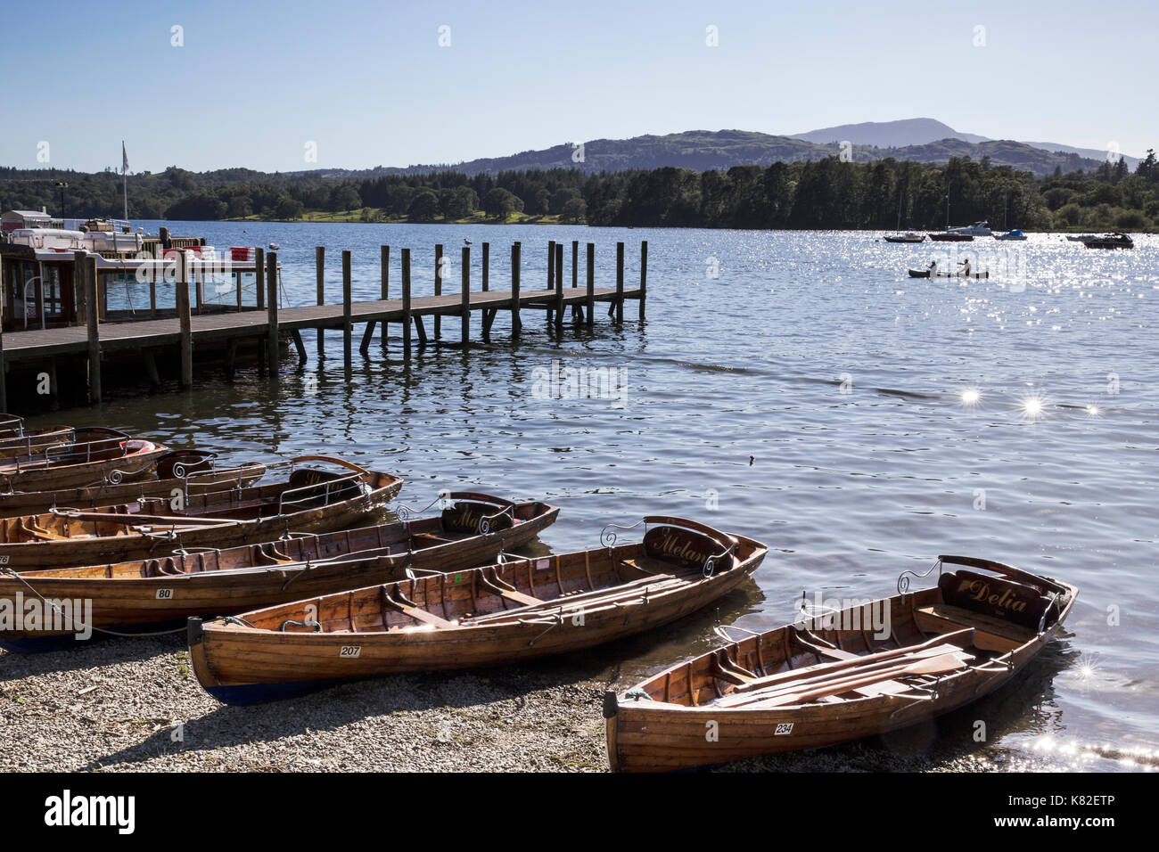 Boats and foot pier at Waterhead Ambleside Stock Photo Alamy