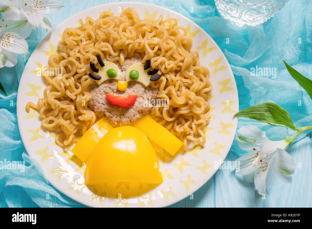 Funny Food Face with Cutlet, Pasta and Vegetables Stock Photo 159866218 Alamy