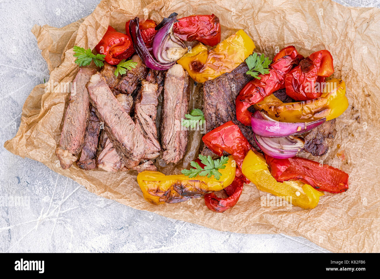Grilled Beef Steak Fajitas with colorful bell peppers Stock Photo Alamy