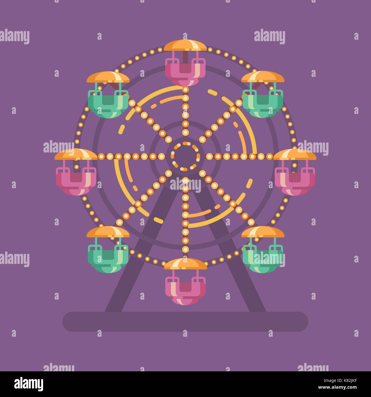 Funfair carnival flat illustration. Amusement park illustration with a Ferris wheel at night on purple background Stock Vector
