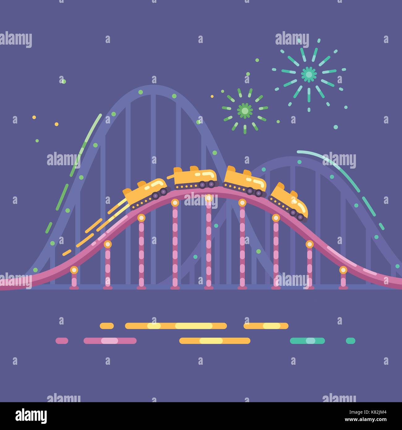 Amusement park flat illustration. Roller coaster and fireworks at night Stock Vector