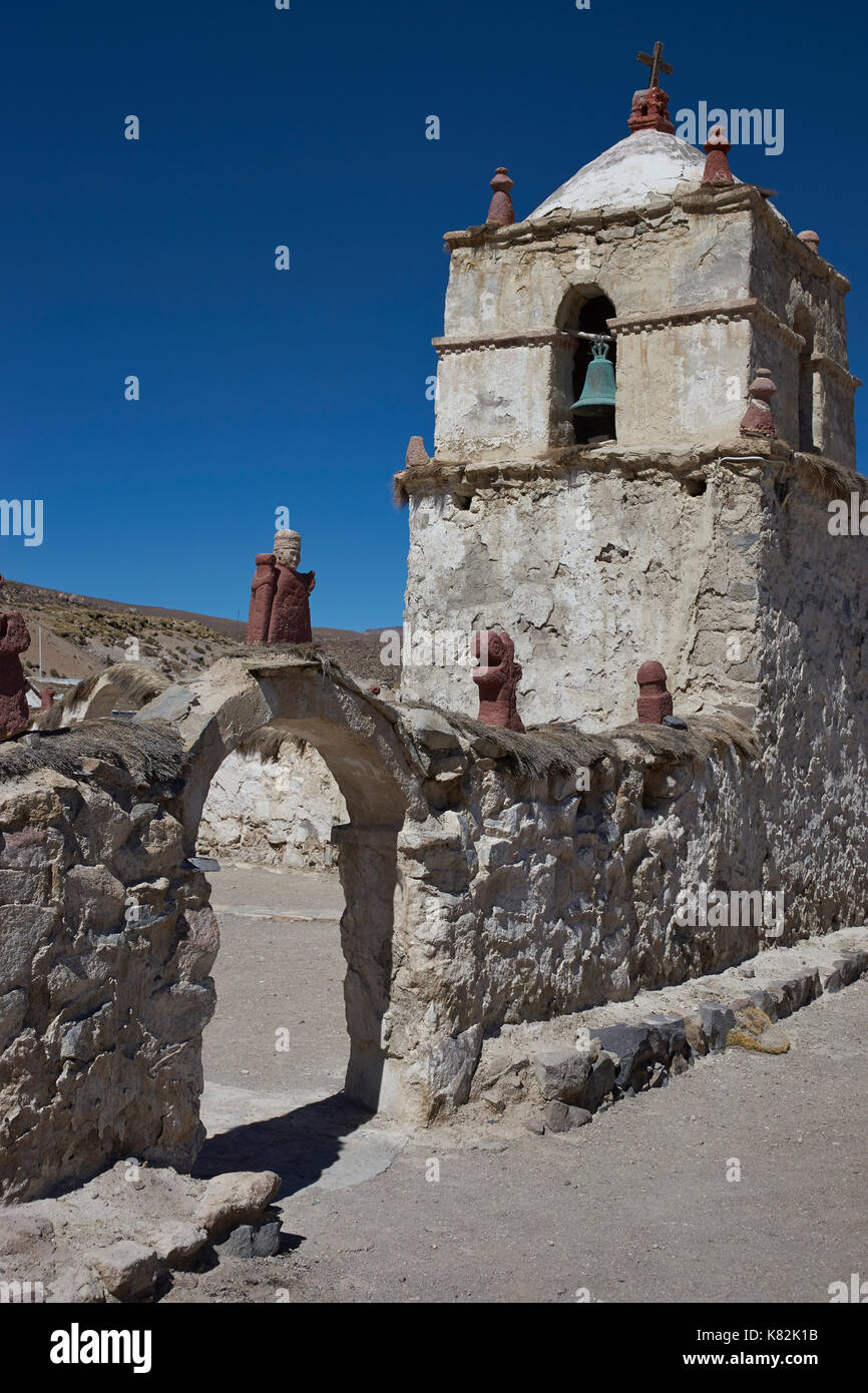 Historic 17th century church in the small village of Parinacota, located at an elevation of 4,400 metres in Lauca National Park, Chile. Stock Photo