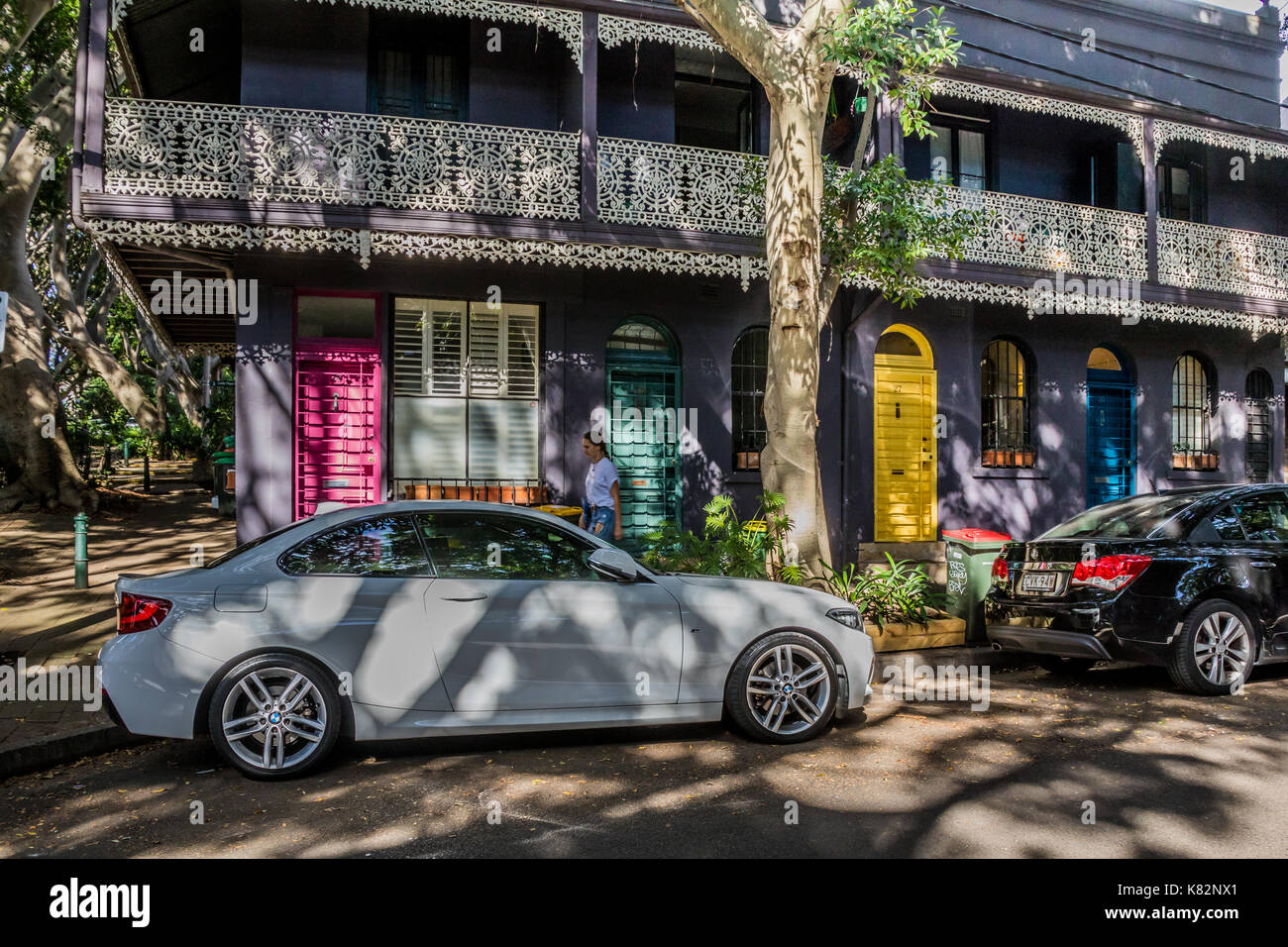 Colourful terrace houses in Darlinghurst with Sydney lacework Stock