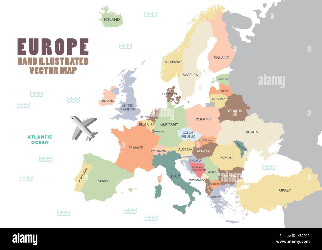 Europe map with colour and name. Vector illustration Stock Vector