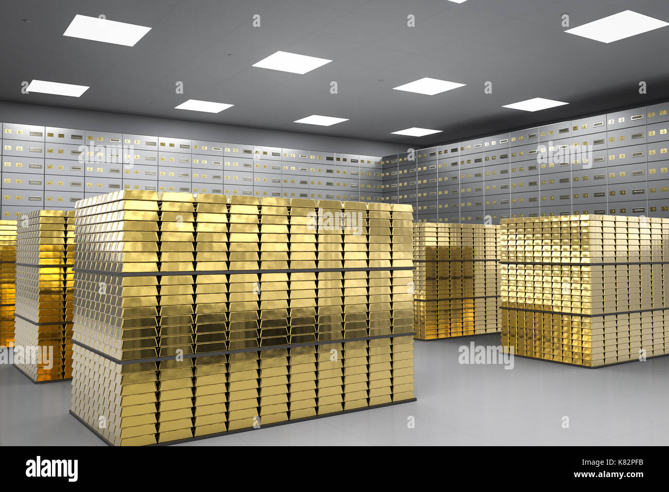 3d rendering heap of gold bullion and safe deposit boxes in room Stock