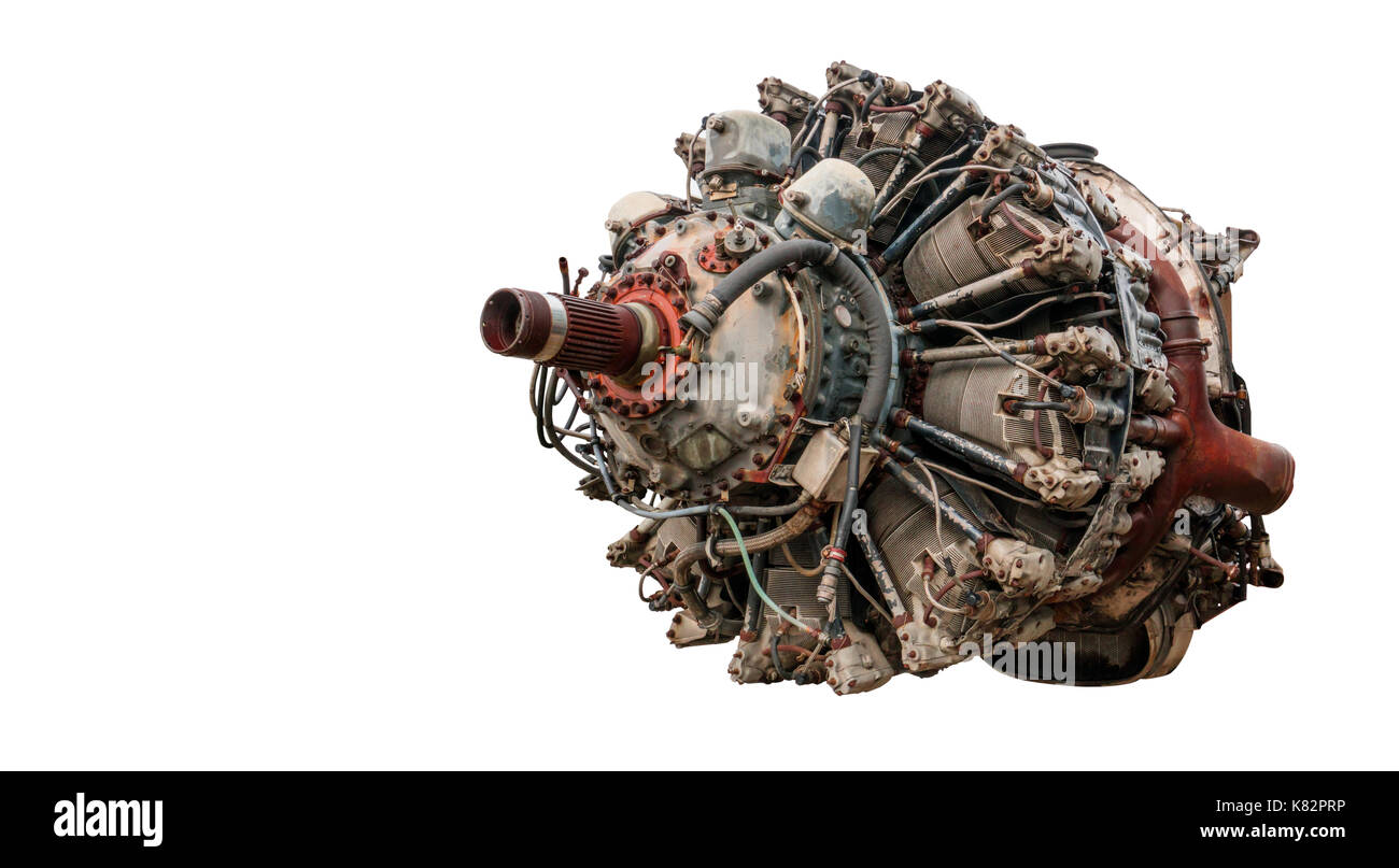 9 cylinder Radial Engine of old airplane isolated on white background Stock Photo