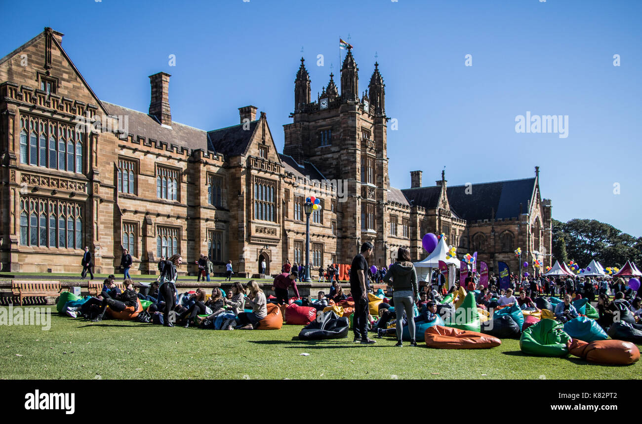 Students on the lawn at Open Day at Sydney University Stock Photo