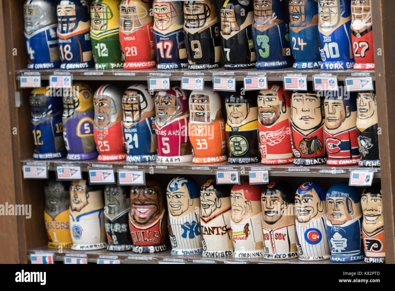Prague, Czech Republic - August 21, 2017: matrioska depicting American rugby players are on sale at a store in the historic city center Stock Photo