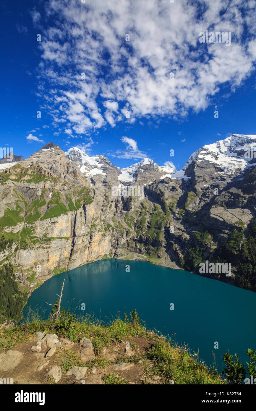 Summer view of Lake Oeschinensee Bernese Oberland Kandersteg Canton of Bern Switzerland Europe Stock Photo