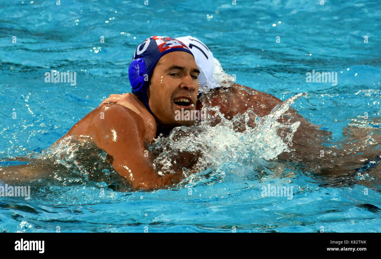 Budapest, Hungary - Jul 17, 2017. KRAPIC Ivan (CRO) playing against ROELSE Alex (USA) in the preliminary round. FINA Waterpolo World Championship was  Stock Photo