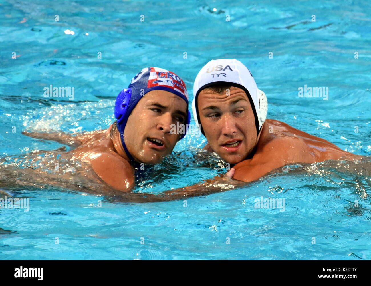 Budapest, Hungary - Jul 17, 2017. KRAPIC Ivan (CRO) playing against OBERT Alex  (USA) in the preliminary round. FINA Waterpolo World Championship was  Stock Photo