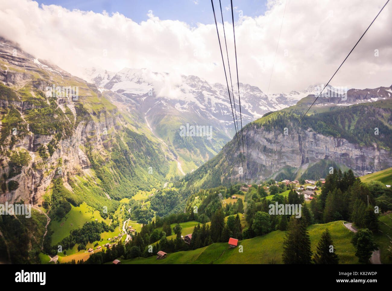 Stunning Lauterbrunnen valley rural view, bird eye view from cable car
