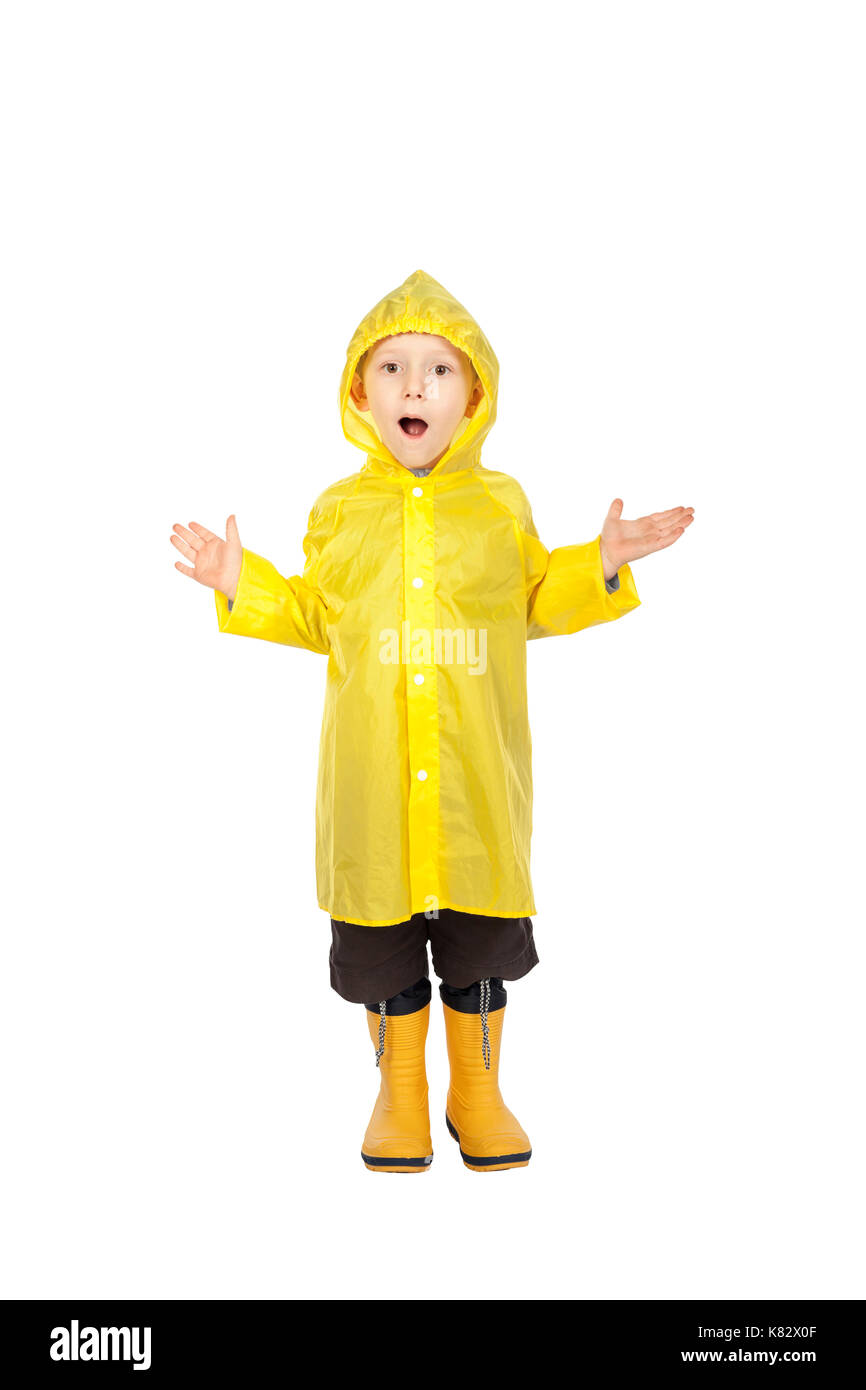 child with raincoat isolated on white background Stock Photo